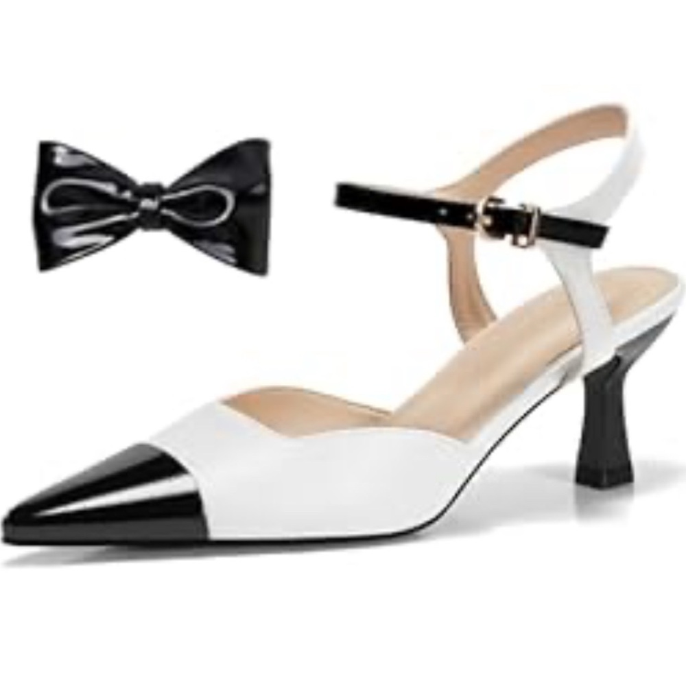 Amazon Black and White Pointed Slingback Heels with Low Sculpted Heel